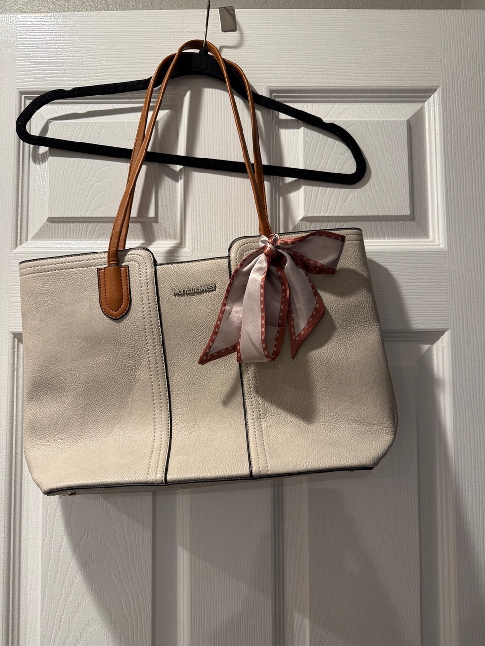 Montana West Cream Tote with Tan Handles and Pink Scarf Accent